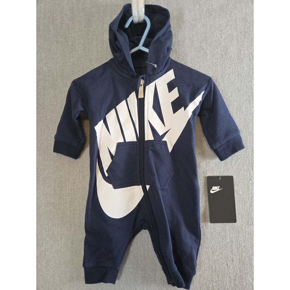 Nike Hoodie Romper 0-3M Girls Boys Navy Blue Bold Swoosh One Piece Outfit NEW